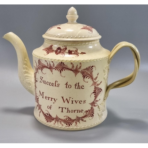 159 - 18th century Cream Ware teapot with relief foliate entwined handle, 'Succefs to the Merry Wives of T... 