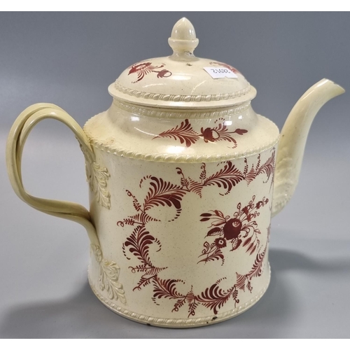 159 - 18th century Cream Ware teapot with relief foliate entwined handle, 'Succefs to the Merry Wives of T... 