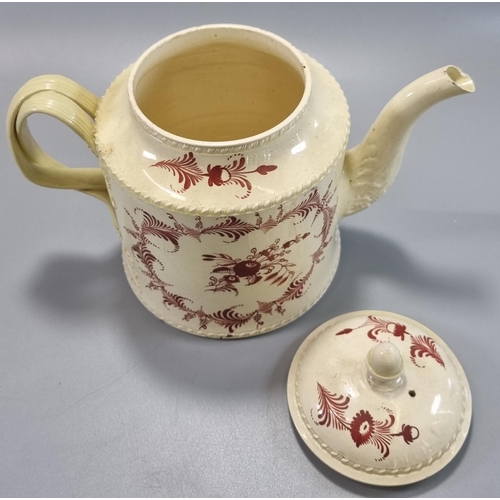 159 - 18th century Cream Ware teapot with relief foliate entwined handle, 'Succefs to the Merry Wives of T... 