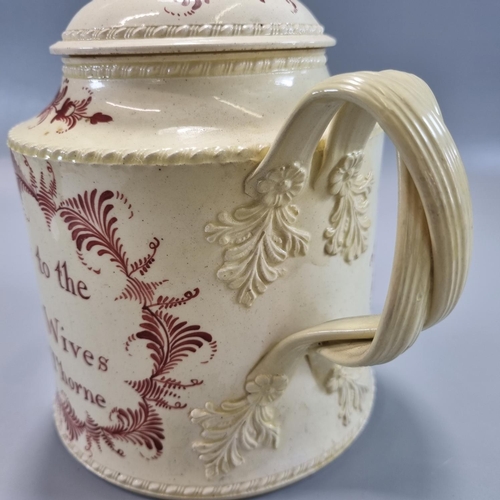 159 - 18th century Cream Ware teapot with relief foliate entwined handle, 'Succefs to the Merry Wives of T... 