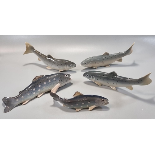 163 - Three similar Royal Copenhagen Danish porcelain 2676 models of Trout, together with another two Cope... 