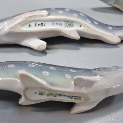 163 - Three similar Royal Copenhagen Danish porcelain 2676 models of Trout, together with another two Cope... 