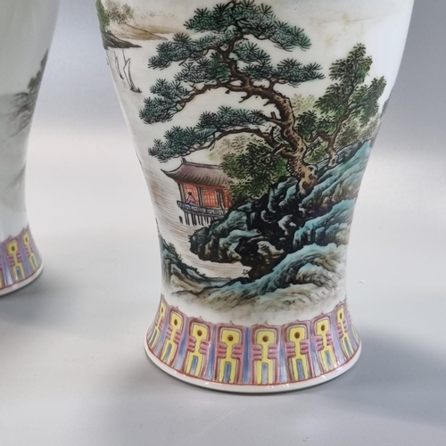 166 - Pair of Chinese mirror matched porcelain Famille Rose baluster 'Landscape Vases', each depicting a p... 