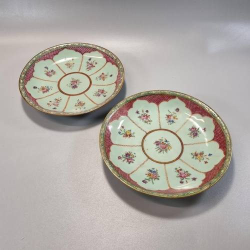 167 - Pair of Chinese porcelain celadon glaze Famille Rose enamelled dishes, with posies of flowers in a f... 