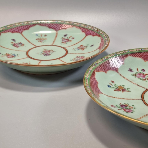 167 - Pair of Chinese porcelain celadon glaze Famille Rose enamelled dishes, with posies of flowers in a f... 