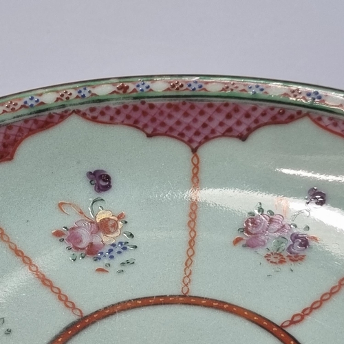 167 - Pair of Chinese porcelain celadon glaze Famille Rose enamelled dishes, with posies of flowers in a f... 