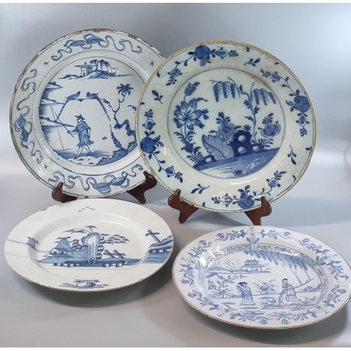 171 - Collection of four 18th century Delft tin glazed earthenware blue and white plates, mainly decorated... 