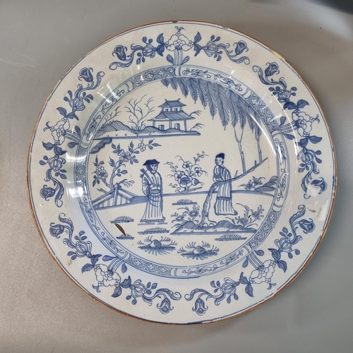 171 - Collection of four 18th century Delft tin glazed earthenware blue and white plates, mainly decorated... 