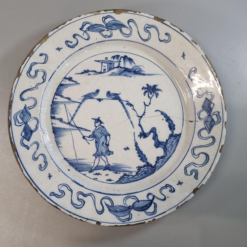 171 - Collection of four 18th century Delft tin glazed earthenware blue and white plates, mainly decorated... 