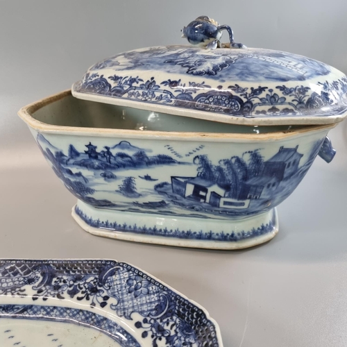 173 - 18th century Chinese export porcelain tureen on stand with Pomegranate finial and rabbit mask handle... 