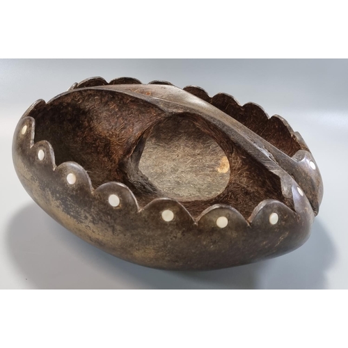 178 - 19th century Coco De Mer, probably Seychelles hollowed out polished two section basket with mother o... 