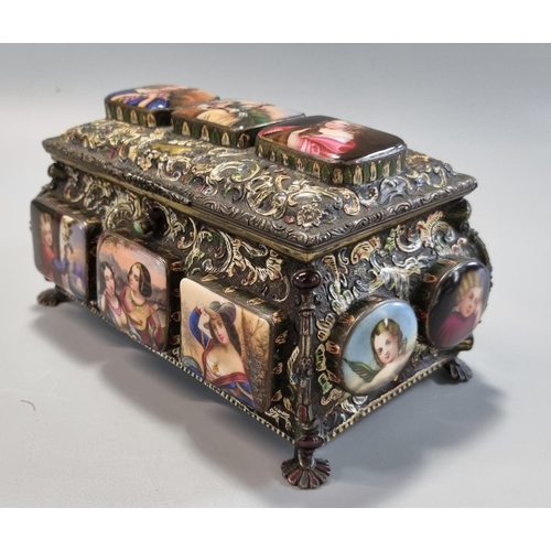 179 - 19th century gilt metal repoussé jewellery casket depicting relief porcelain  panels of painted figu... 