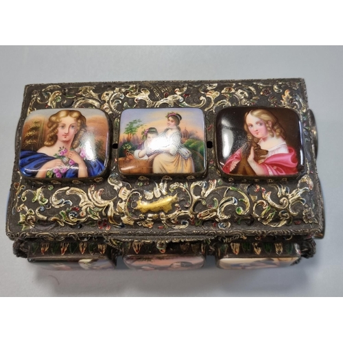 179 - 19th century gilt metal repoussé jewellery casket depicting relief porcelain  panels of painted figu... 