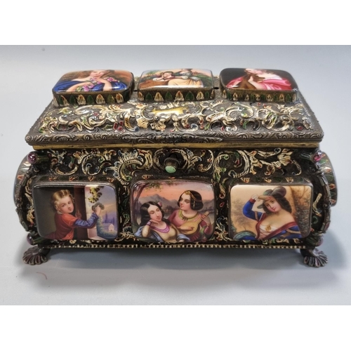 179 - 19th century gilt metal repoussé jewellery casket depicting relief porcelain  panels of painted figu... 