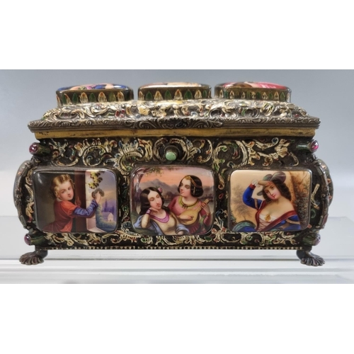 179 - 19th century gilt metal repoussé jewellery casket depicting relief porcelain  panels of painted figu... 