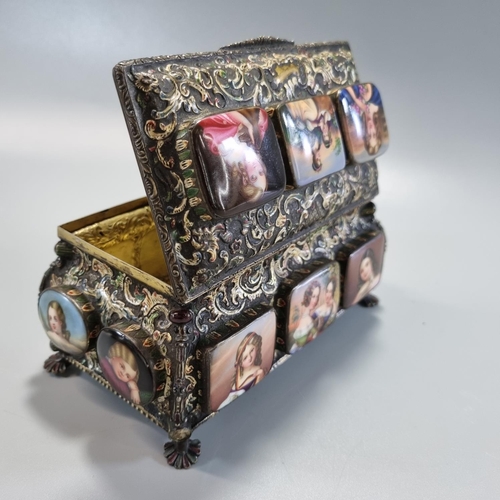 179 - 19th century gilt metal repoussé jewellery casket depicting relief porcelain  panels of painted figu... 