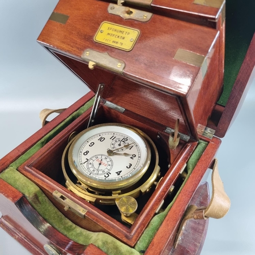 187 - Russian marine ships chronometer desk clock No. 00688, with Fusee movement in mahogany case with bra... 