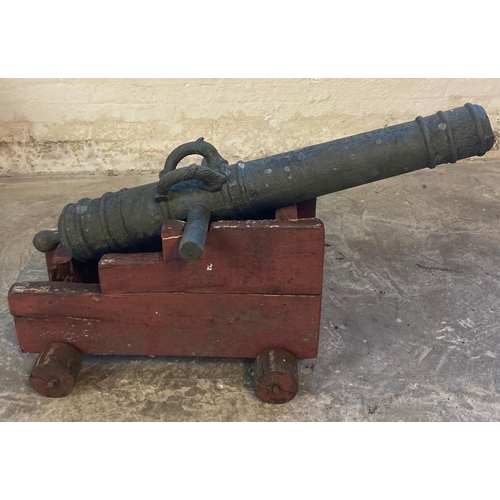 196A - Cast iron, probably French cannon with decorative banding and loop handles over marked 'Gavre Au Cha... 