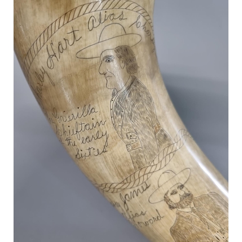 203 - A most interesting 19th century American large Texas steer horn flask, overall scrimshaw decorated w... 