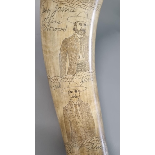 203 - A most interesting 19th century American large Texas steer horn flask, overall scrimshaw decorated w... 