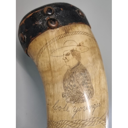 203 - A most interesting 19th century American large Texas steer horn flask, overall scrimshaw decorated w... 