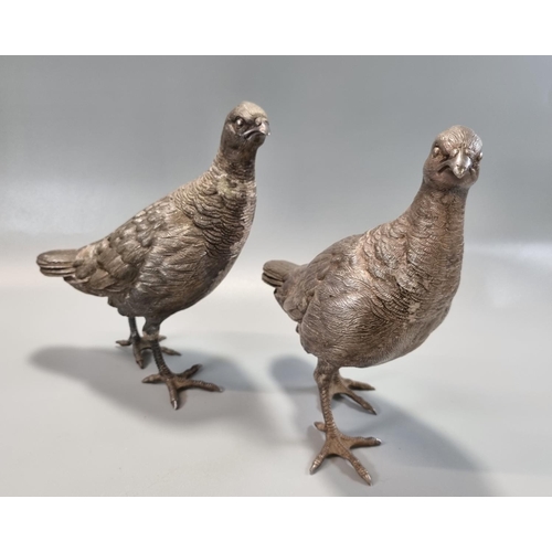 212 - A pair of large table ornaments as  silver partridges with naturalistic features. Sheffield hallmark...