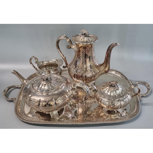 220 - Four piece silver tea service, in 19th century style, engraved and chased with flowers and foliage a...