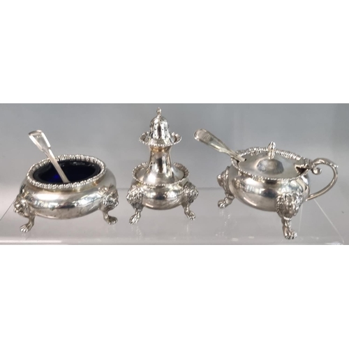 228 - Mixed silver classical design condiment set on lion mask mounts and paw feet, some pieces by James D... 