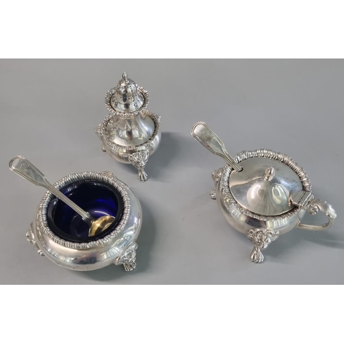 228 - Mixed silver classical design condiment set on lion mask mounts and paw feet, some pieces by James D... 