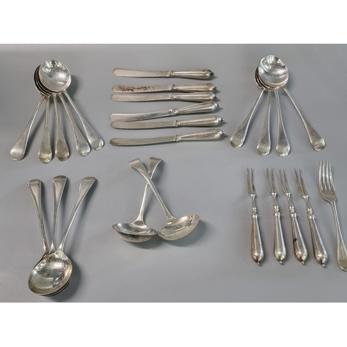 230 - Bag of assorted silver spoons, ladles, pickle forks and butter knives, forks and knives with silver ... 