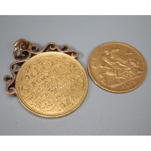 243 - Edward VII gold full sovereign with 9ct gold suspension mount presented on the occasion of Golden We... 