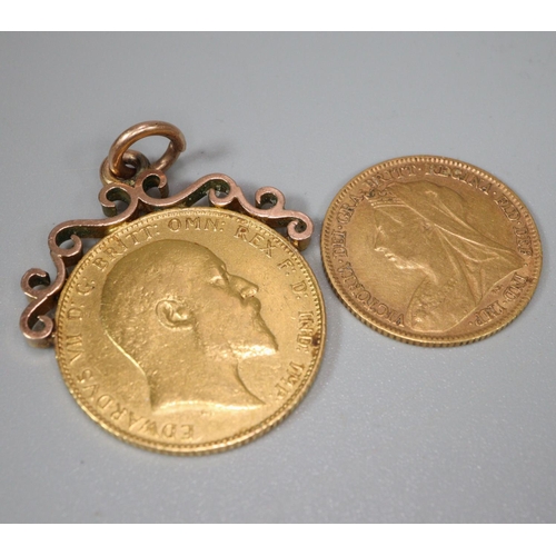 243 - Edward VII gold full sovereign with 9ct gold suspension mount presented on the occasion of Golden We... 