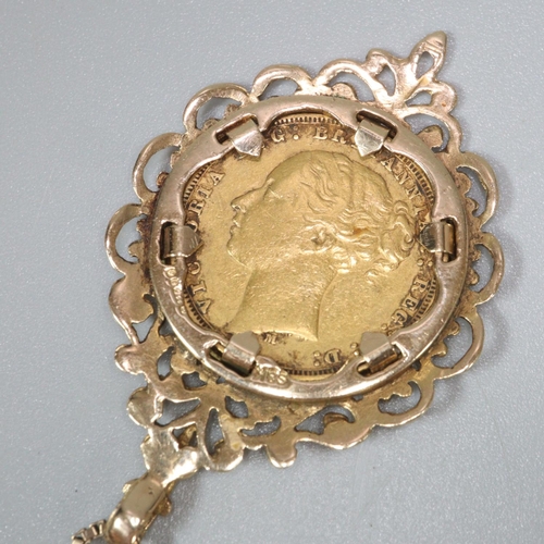 244 - Victorian gold full sovereign dated 1878 in 9ct gold pierced foliate mount and 9ct gold chain stampe... 