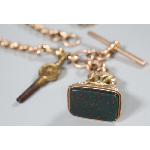 249 - 9ct gold pocket watch T bar chain with bloodstone fob and watch key.  Total weight 44g approx.   (B.... 