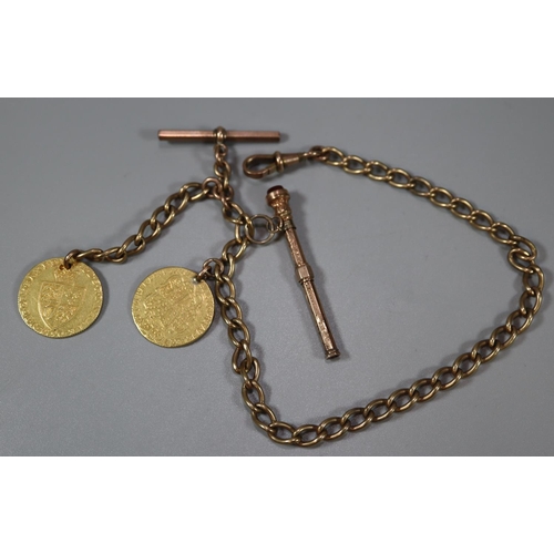 251 - 9ct gold curb link pocket watch chain with T bar, together with a gold propelling pencil with hardst... 