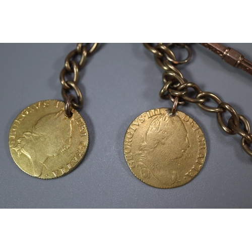 251 - 9ct gold curb link pocket watch chain with T bar, together with a gold propelling pencil with hardst... 