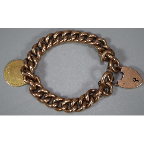 254 - 9ct gold gents curb-link bracelet with heart padlock and George III half guinea coin dated 1797.  To... 