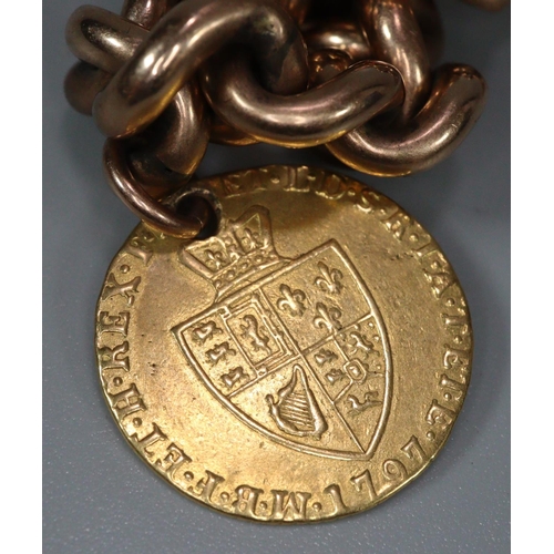 254 - 9ct gold gents curb-link bracelet with heart padlock and George III half guinea coin dated 1797.  To... 