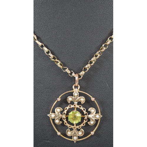 262 - Art Nouveau design 9ct gold Peridot and Seed Pearl pendant necklace.  5.2g approx.  (B.P. 21% + VAT)