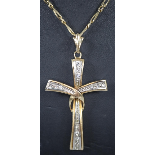 267 - 14ct gold chain with 14ct gold white stone cross pendant.  Chain 66cm long approx.  total weight 15.... 