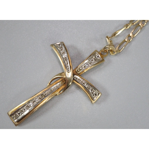 267 - 14ct gold chain with 14ct gold white stone cross pendant.  Chain 66cm long approx.  total weight 15.... 