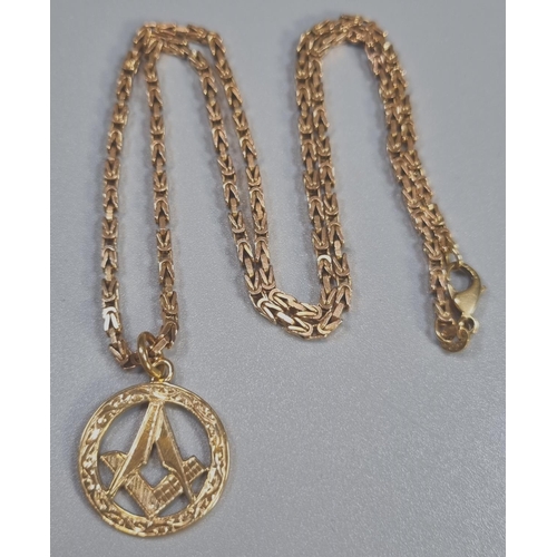 270 - 9ct gold necklace with 9ct gold pendant with Masonic compass pendant.  16.5g approx.  Chain 52cm lon... 