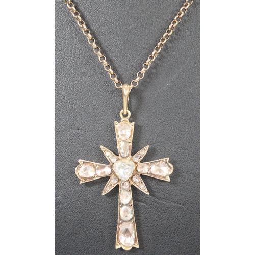 271 - 19th century diamond cross pendant on chain, possibly French, inset with 21 diamonds, unmarked.  The... 