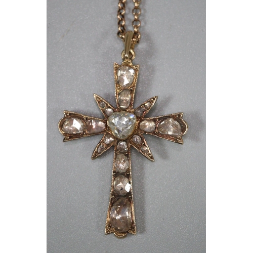 271 - 19th century diamond cross pendant on chain, possibly French, inset with 21 diamonds, unmarked.  The... 