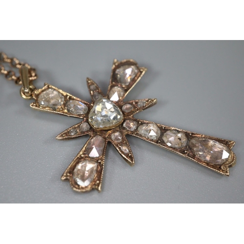 271 - 19th century diamond cross pendant on chain, possibly French, inset with 21 diamonds, unmarked.  The... 