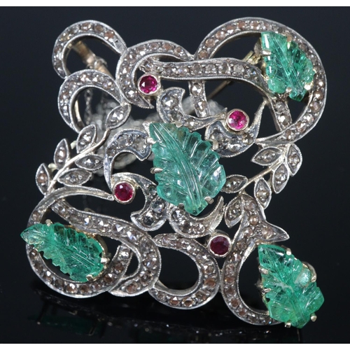 277 - Edwardian diamond, ruby and emerald pendant brooch on silver chain, the brooch with foliate decorati... 