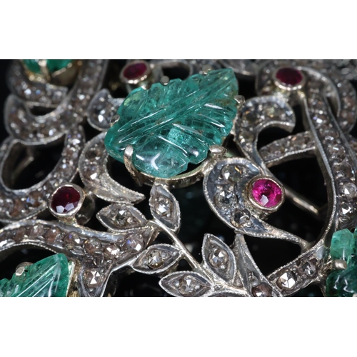 277 - Edwardian diamond, ruby and emerald pendant brooch on silver chain, the brooch with foliate decorati... 