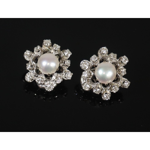 279 - Pair of Edwardian style 18ct white gold pearl and diamond clip-on earrings, marked 750, 2 carat appr... 