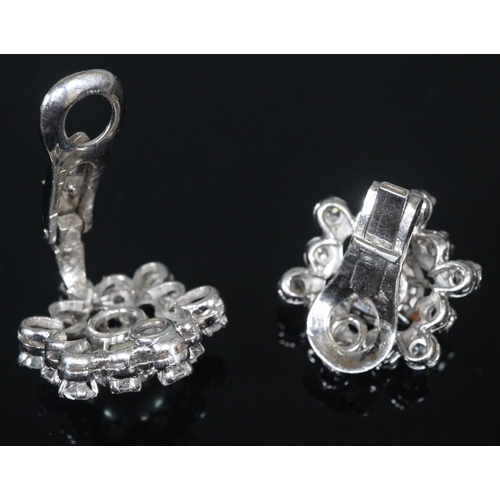 279 - Pair of Edwardian style 18ct white gold pearl and diamond clip-on earrings, marked 750, 2 carat appr... 