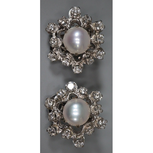 279 - Pair of Edwardian style 18ct white gold pearl and diamond clip-on earrings, marked 750, 2 carat appr... 